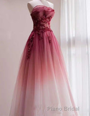 Tulle Gradient with Beaded Long Party Dresses, A-line Gradient Formal Prom Dresses