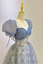 Tulle Lace Long Prom Dress, Blue Short Sleeve Evening Dress