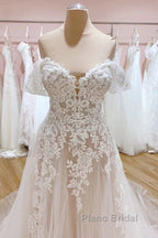 Tulle Lace Wedding Dresses Off The Shoulder A-Line Bridal Dresses With Sweep Train Elegant