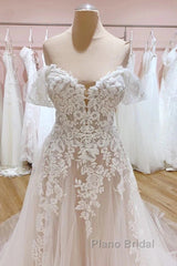 Tulle Lace Wedding Dresses Off The Shoulder A-Line Bridal Dresses With Sweep Train Elegant