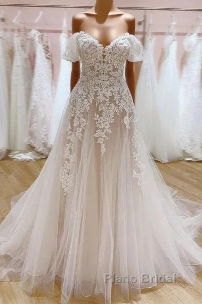 Tulle Lace Wedding Dresses Off The Shoulder A-Line Bridal Dresses With Sweep Train Elegant Main image