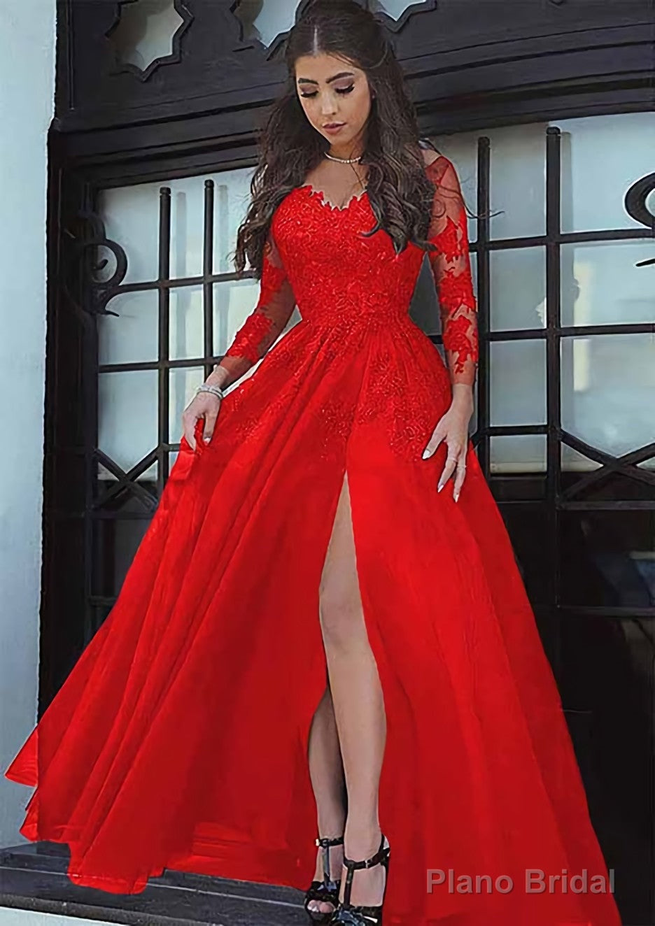 Tulle Long/Floor-Length A-Line/Princess Full/Long Sleeve Sweetheart Zipper Prom Dresses With Appliqued