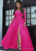 Tulle Long/Floor-Length A-Line/Princess Full/Long Sleeve Sweetheart Zipper Prom Dresses With Appliqued