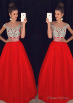 Tulle Long/Floor-Length A-Line/Princess Sleeveless Bateau Zipper Prom Dresses With Beaded