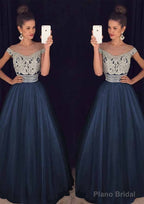Tulle Long/Floor-Length A-Line/Princess Sleeveless Bateau Zipper Prom Dresses With Beaded