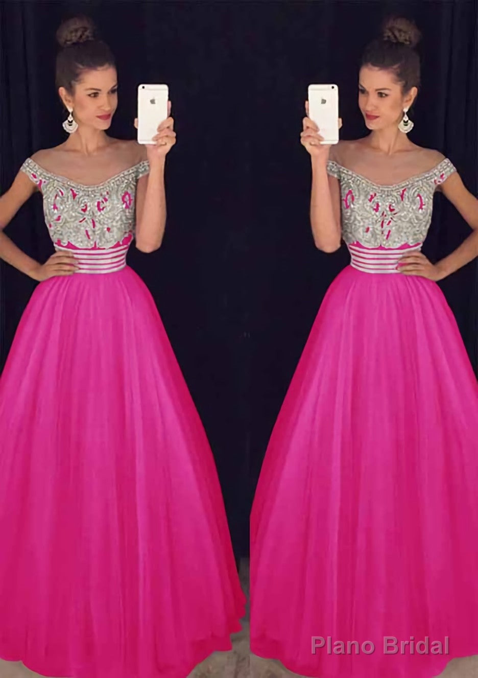 Tulle Long/Floor-Length A-Line/Princess Sleeveless Bateau Zipper Prom Dresses With Beaded