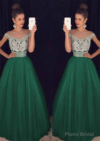 Tulle Long/Floor-Length A-Line/Princess Sleeveless Bateau Zipper Prom Dresses With Beaded
