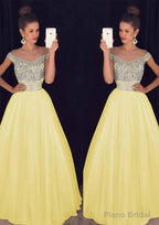 Tulle Long/Floor-Length A-Line/Princess Sleeveless Bateau Zipper Prom Dresses With Beaded
