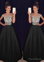 Tulle Long/Floor-Length A-Line/Princess Sleeveless Bateau Zipper Prom Dresses With Beaded
