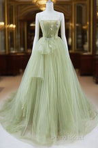 Tulle Long Formal Prom Dresses A-Line Green Long Formal Dresses