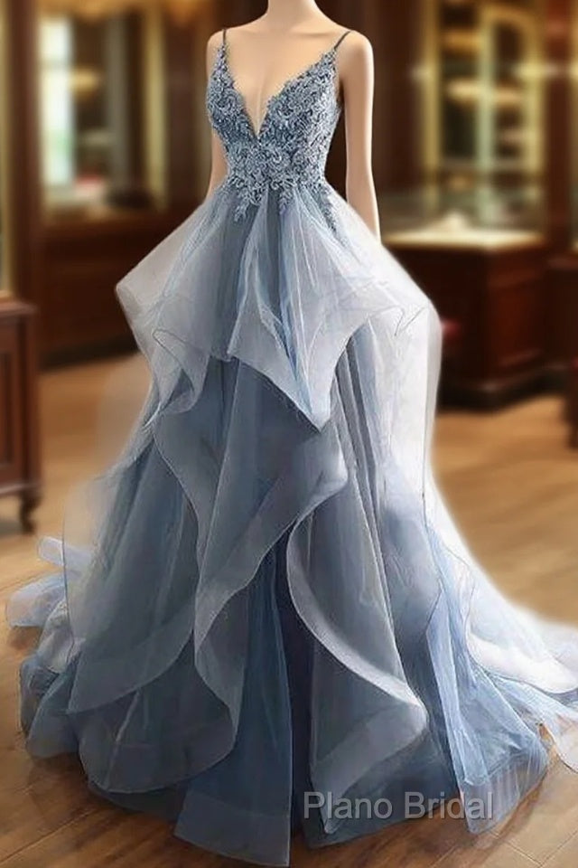 Tulle Long Formal Prom Dresses With Spaghetti Straps And Ruffled Floor Length Skirt