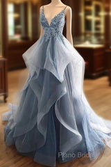 Tulle Long Formal Prom Dresses With Spaghetti Straps And Ruffled Floor Length Skirt