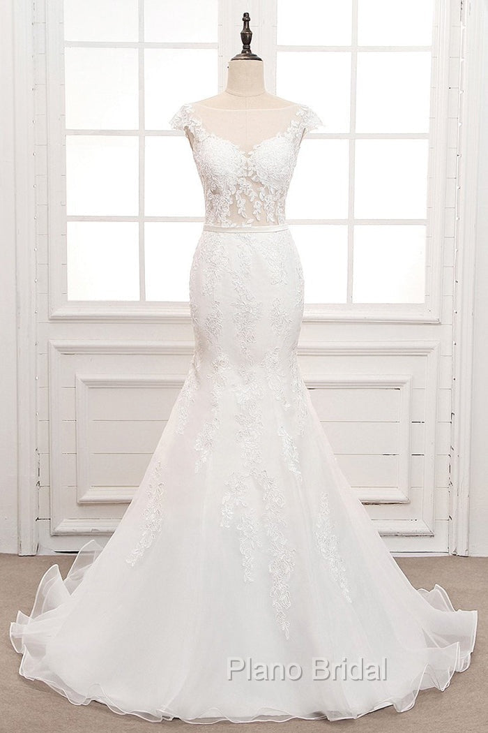 Tulle & Organza Bateau Mermaid Wedding Dresses With Lace Appliques & Belt