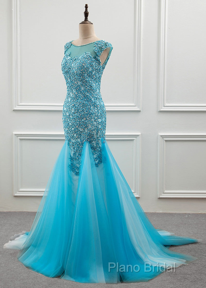 Tulle Scoop Mermaid Formal Dresses With Beaded Lace Appliques