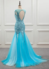 Tulle Scoop Mermaid Formal Dresses With Beaded Lace Appliques