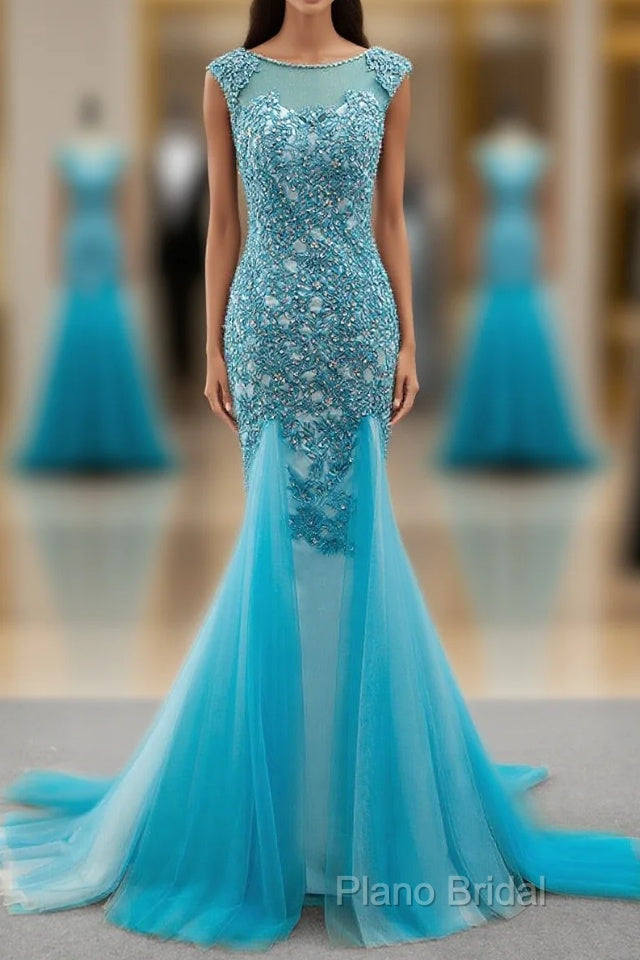 Tulle Scoop Mermaid Formal Dresses With Beaded Lace Appliques Main image