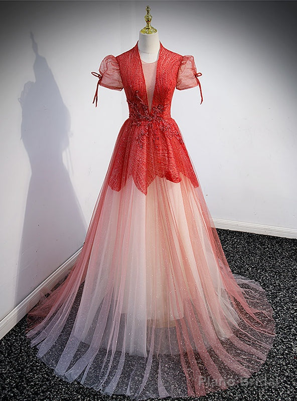 Tulle Sequins Beading Short Sleeve Prom Dress Main image