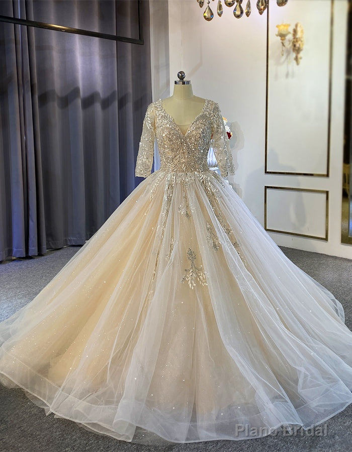 Tulle Sequins Beading Short Sleeve Wedding Dress Main image