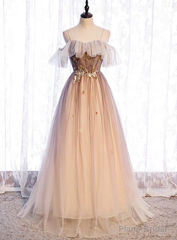 Tulle Sequins Spaghetti Straps Pleats Prom Dress