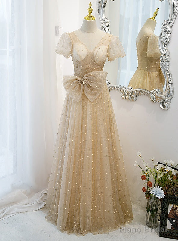 Tulle Sequins V-neck Puff Sleeve Pearls Prom Dress Main image