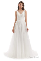 Tulle Lace V-neck Backless Wedding Dresses