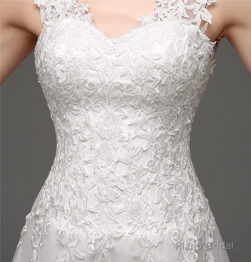 Tulle V-neck Illusion Back Wedding Dresses With Lace Bodice