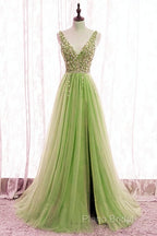 Tulle V Neck Sequins Beaded Dresses With Slit