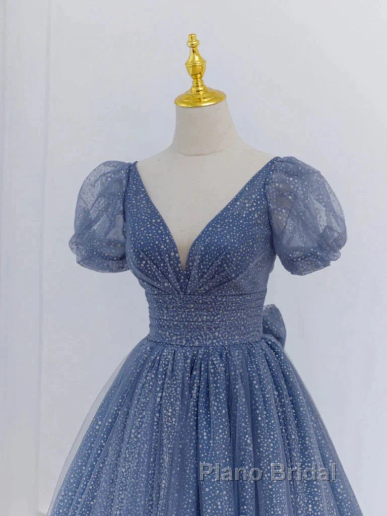 Tulle V Neck Short Sleeve Blue Sparkle Formal Prom Dresses With Bow Secondary image
