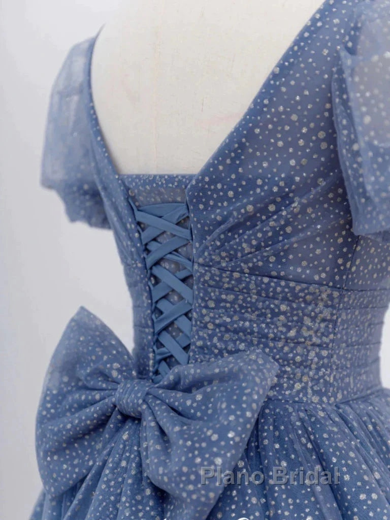 Tulle V Neck Short Sleeve Blue Sparkle Formal Prom Dresses With Bow