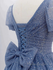 Tulle V Neck Short Sleeve Blue Sparkle Formal Prom Dresses With Bow