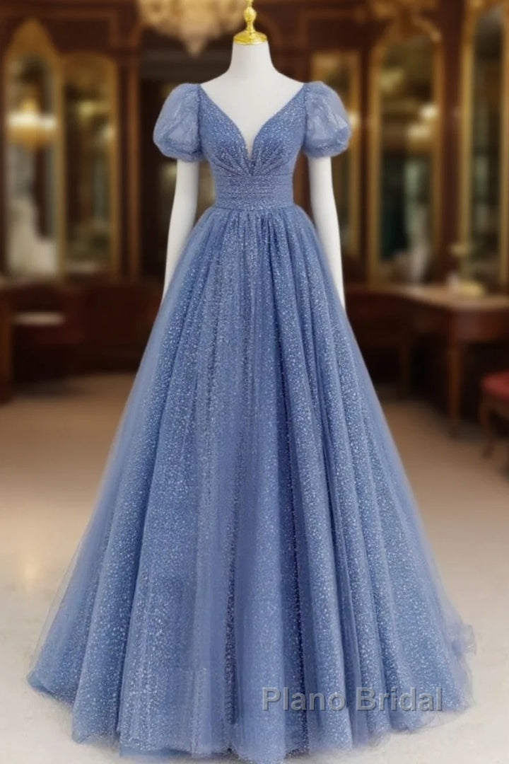 Tulle V Neck Short Sleeve Blue Sparkle Formal Prom Dresses With Bow Main image