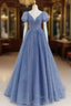 Tulle V Neck Short Sleeve Blue Sparkle Formal Prom Dresses With Bow