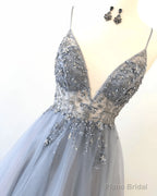 Tulle V-neckline Straps Beaded Low Back Long Formal Dress Tulle Prom Dress prom dresses shops