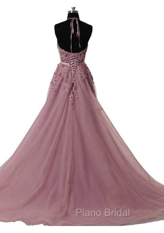 Tulle Wisteria Formal Prom Dresses A-Line/Princess Scoop Neck Court Train With Appliqued Secondary image