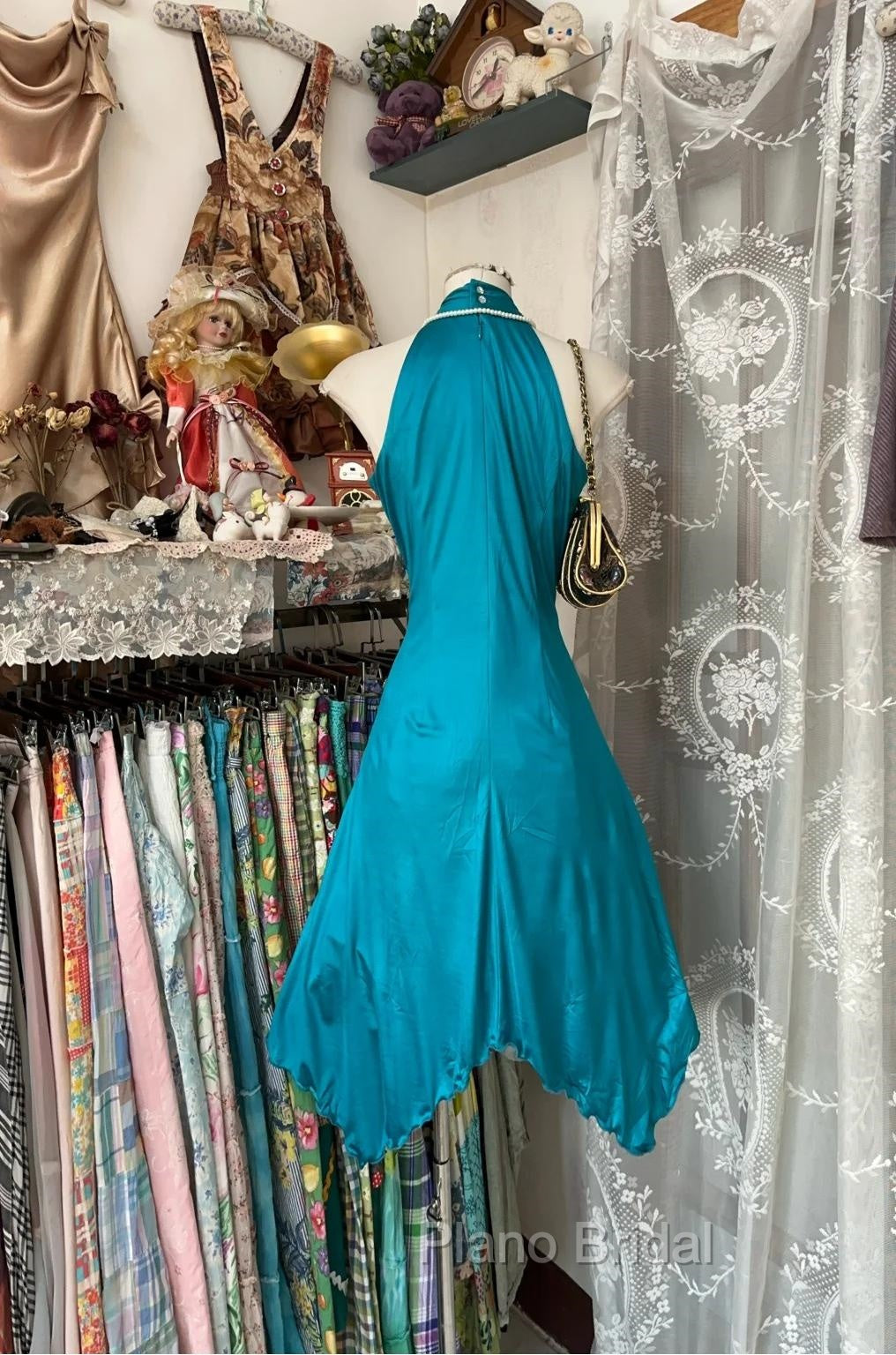 Turquoise A-Line Halter Satin Formal Prom Dresses Sexy Sleeveless Party Dresses