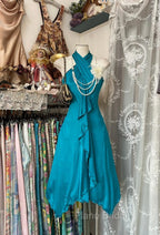 Turquoise A-Line Halter Satin Formal Prom Dresses Sexy Sleeveless Party Dresses