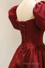 Burgundy A Line Long Formal Prom Dresses with Short Sleeves, New Party Gown