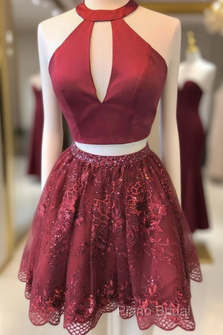Two Piece Burgundy Beaded Sequins Homecoming Dresses With Cut Out Main image