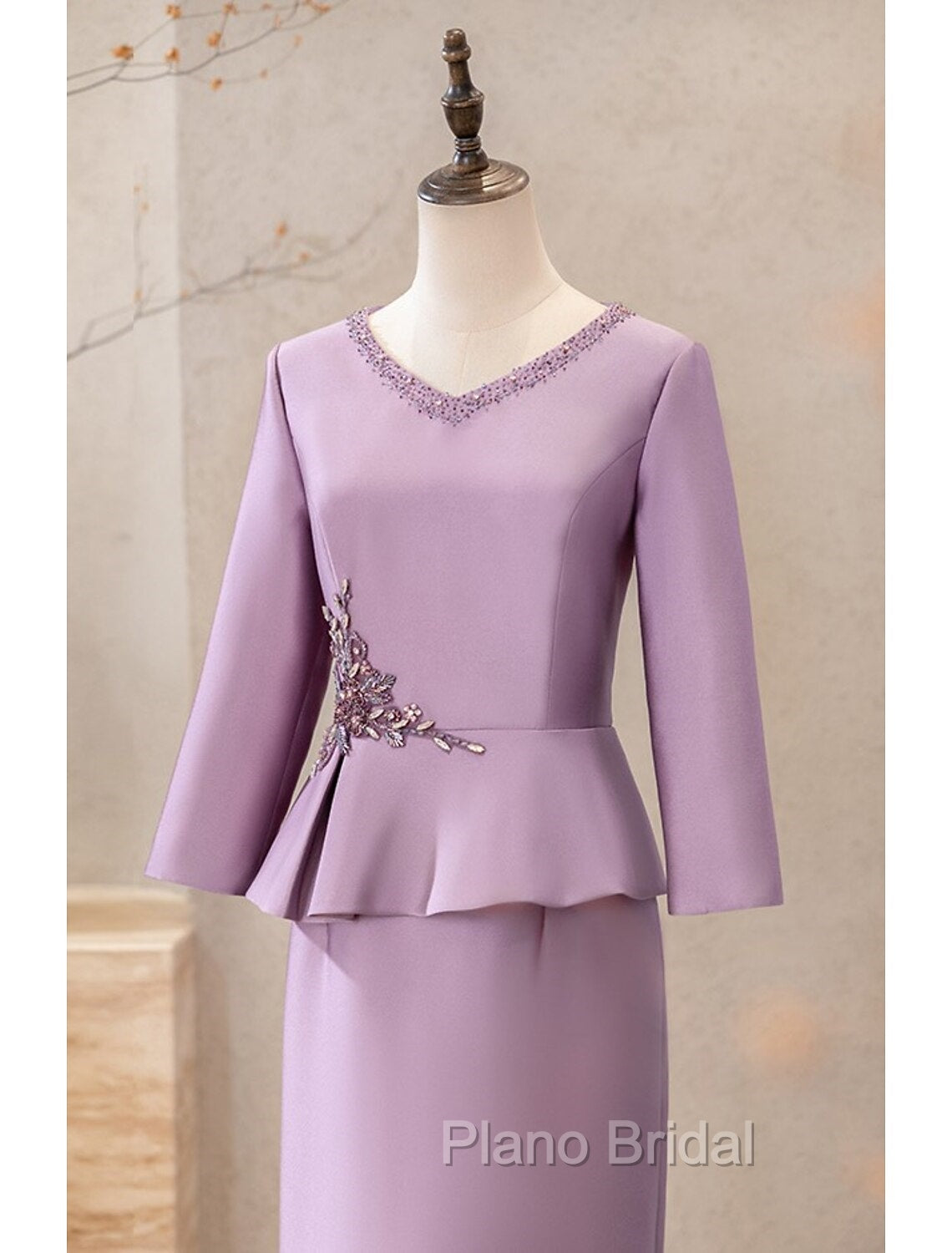 Two Piece Cocktail Dresses Elegant Dresses Wedding Party Tea Length Long Sleeve V Neck Satin Mother Of The Bride Dresses