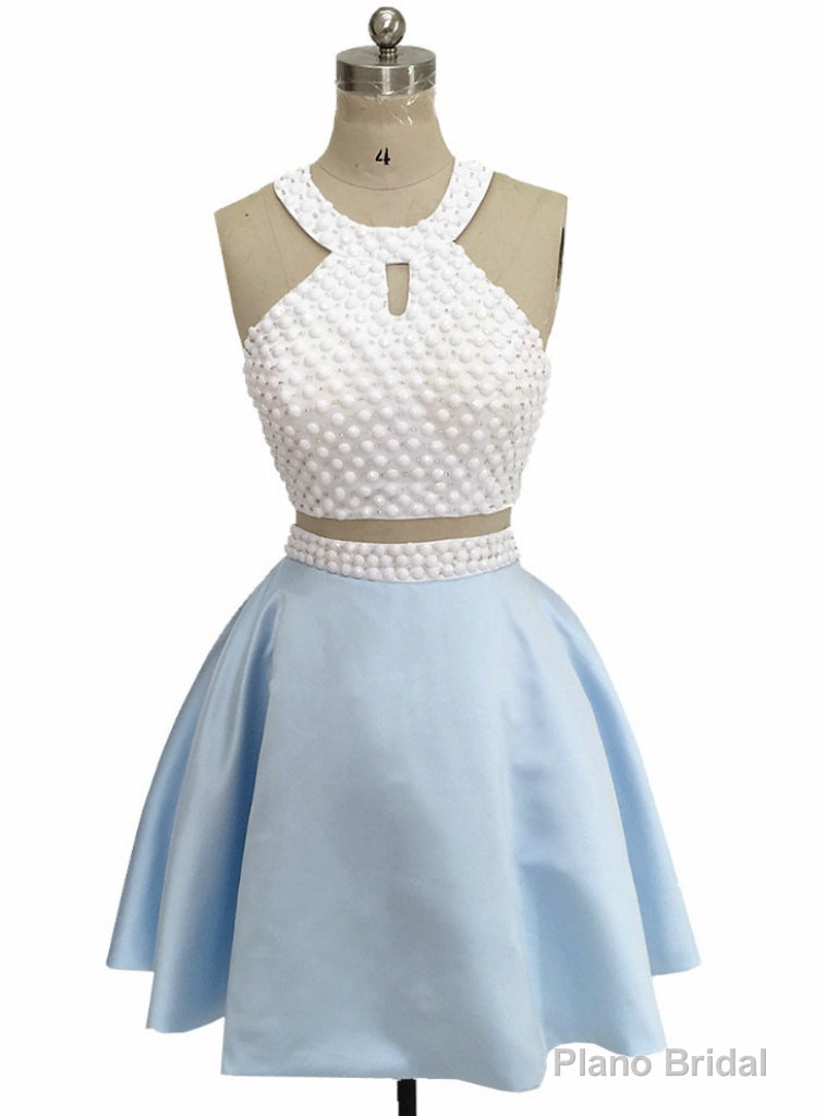 Two Piece Halter Blue Satin White Top Backless Wedding Dress