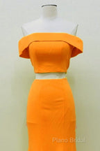 Two Piece Orange Formal Prom Dresses Mermaid Off Shoulder