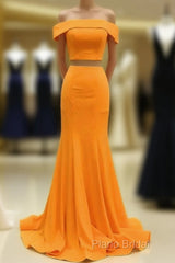Two Piece Orange Formal Prom Dresses Mermaid Off Shoulder