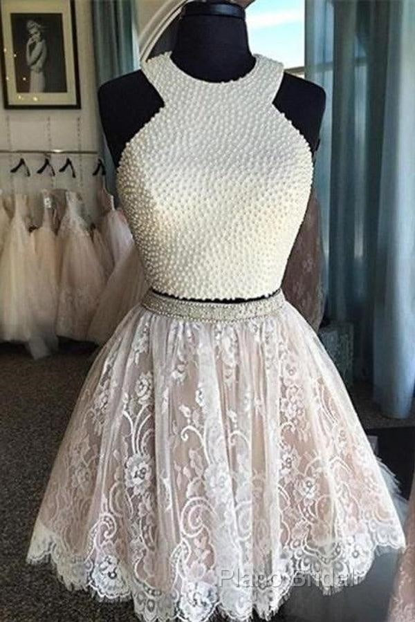 Two Pieces Halter Lace Skirt Pearls Bodice Cute Homecoming Dresses Secondary image