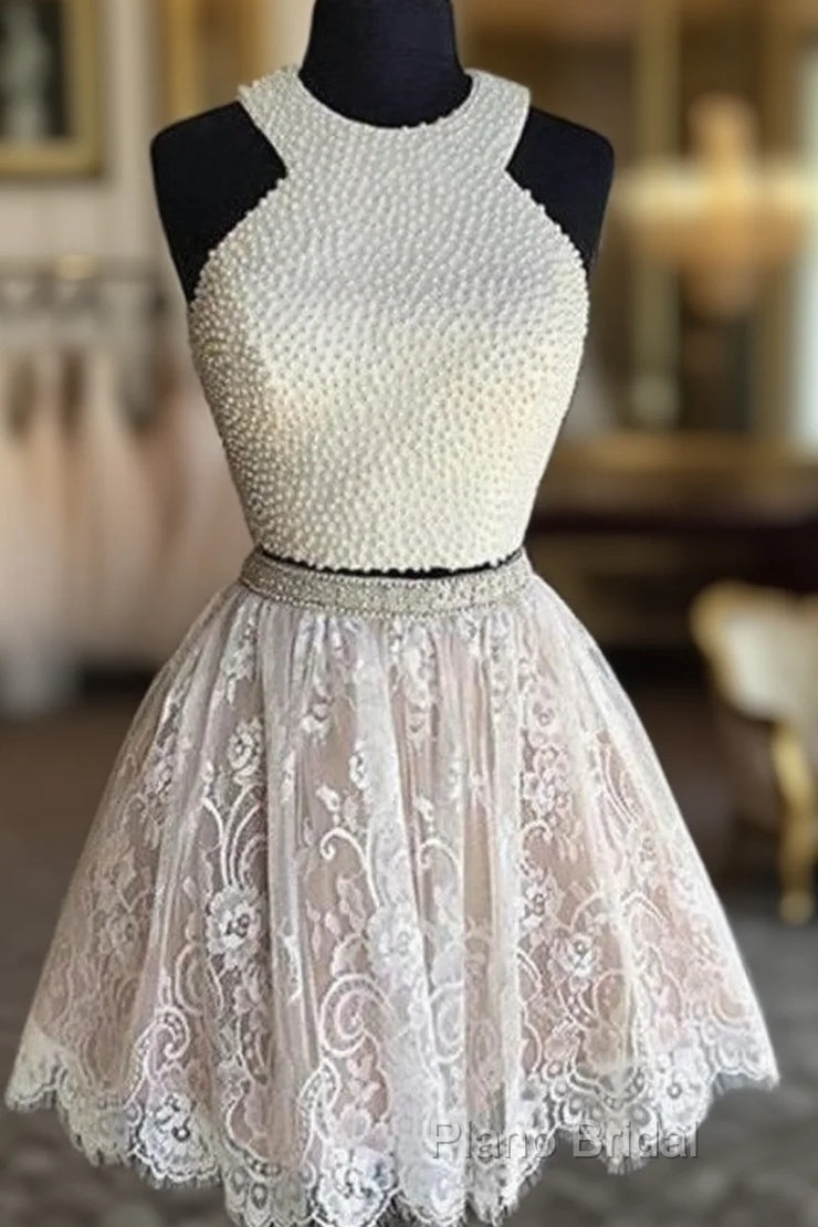 Two Pieces Halter Lace Skirt Pearls Bodice Cute Homecoming Dresses Main image