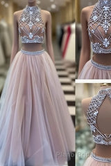 Two Pieces High-Neck Beaded Tulle Long  Champagne Formal Prom Dresses, Evening Dresses