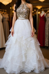 Two Pieces Lace White Tulle Long Formal Prom Dresses, White Two Pieces Formal Dresses, Evening Dresses, Ball Gown
