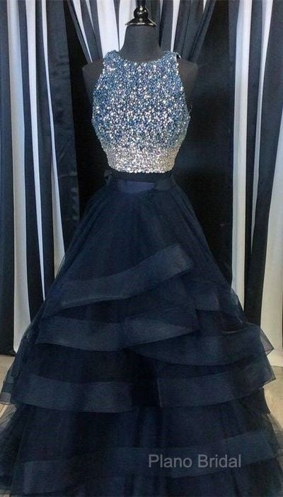 Two Pieces Navy Formal Prom Dresses Halter Neckline, Formal Dresses, Graduation School Party Dance Dresses Secondary image