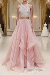 Two Pieces Round Neck Sequins Long Pink Formal Prom Dresses, Pink Evening Dresses