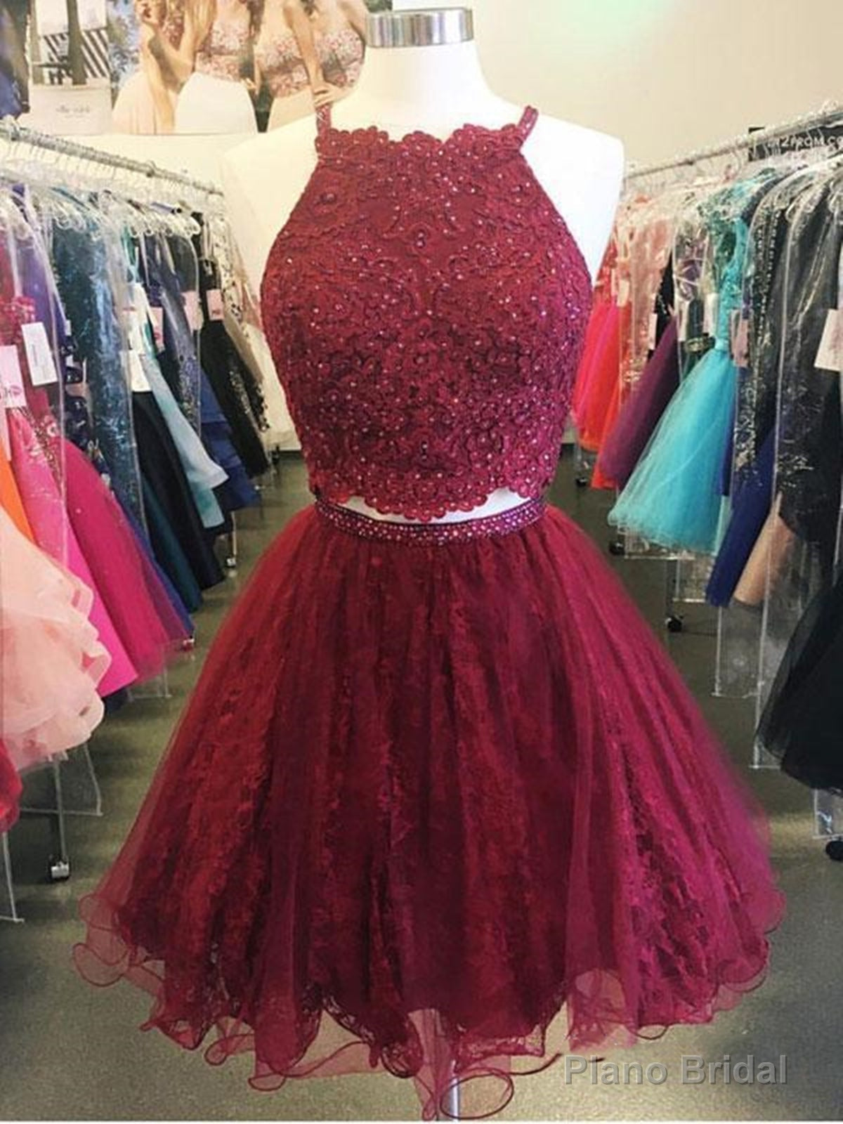 Two Pieces Short Burgundy Lace Prom Dresses, Wine Red 2 Pieces Short Lace Formal Homecoming Dresses Main image
