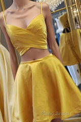 Two Pieces Short Yellow Formal Prom Dresses, Short Yellow 2 Pieces Formal Homecoming Dresses